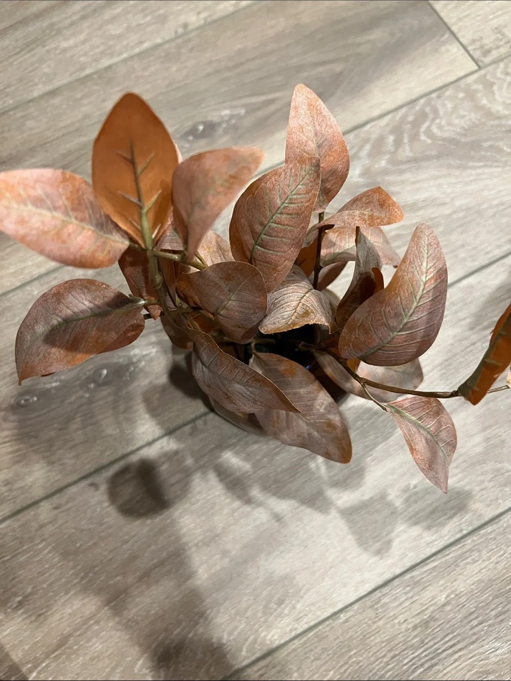 Rust Brown Faux Foliage Arrangement in Tan Ceramic Vase
